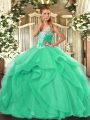 Low Price Turquoise Ball Gowns Beading and Ruffles Quinceanera Dress Lace Up Tulle Sleeveless Floor Length