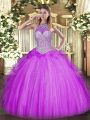 Dramatic Halter Top Sleeveless Lace Up Quinceanera Gown Lilac Tulle