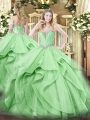 Green Tulle Lace Up Sweetheart Sleeveless Floor Length Quince Ball Gowns Beading and Ruffles