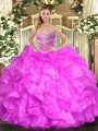 Sleeveless Floor Length Beading and Ruffles Lace Up Ball Gown Prom Dress with Fuchsia
