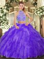Luxury Purple 15th Birthday Dress Military Ball and Sweet 16 and Quinceanera with Beading and Ruffles Halter Top Sleeveless Criss Cross
