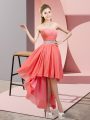 Custom Fit High Low Lace Up Evening Dress Watermelon Red for Prom and Party with Beading