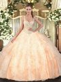 Smart Peach Ball Gowns Straps Sleeveless Tulle Floor Length Lace Up Beading and Ruffles Sweet 16 Dress