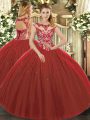 Wine Red Tulle Lace Up Scoop Cap Sleeves Floor Length Quinceanera Dresses Beading and Appliques