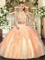 Sleeveless Tulle Floor Length Criss Cross Ball Gown Prom Dress in Gold with Beading and Ruffled Layers