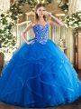 Royal Blue Ball Gowns Tulle Scoop Sleeveless Embroidery and Ruffles Floor Length Lace Up Quince Ball Gowns