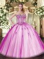 Fantastic Sleeveless Tulle Floor Length Lace Up Quinceanera Gowns in Fuchsia with Beading and Appliques