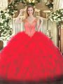 Red Lace Up Quinceanera Dresses Beading and Ruffles Sleeveless Floor Length