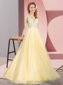 Custom Fit Gold A-line Tulle V-neck Sleeveless Lace Floor Length Zipper Womens Party Dresses