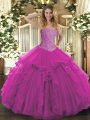 Fancy Sleeveless Floor Length Beading and Ruffles Lace Up Quinceanera Gown with Fuchsia