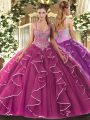 Popular Fuchsia Lace Up Straps Beading 15 Quinceanera Dress Tulle Sleeveless