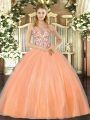 Dynamic Orange Organza Lace Up Straps Sleeveless Floor Length Quinceanera Dress Beading and Appliques