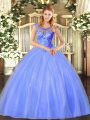 Custom Designed Scoop Sleeveless Lace Up Quinceanera Dress Blue Tulle