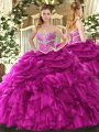 Fuchsia Lace Up Sweet 16 Dresses Beading and Ruffles and Pick Ups Sleeveless Floor Length