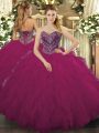 Glittering Fuchsia Sleeveless Floor Length Beading and Ruffled Layers Lace Up Sweet 16 Dress