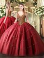 New Style Red Ball Gowns V-neck Sleeveless Tulle Floor Length Lace Up Beading and Appliques Sweet 16 Quinceanera Dress