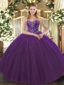Admirable Dark Purple Lace Up Sweetheart Beading Quinceanera Dresses Tulle Sleeveless
