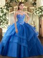 Dynamic Sleeveless Floor Length Embroidery and Ruffled Layers Lace Up Quinceanera Gowns with Blue