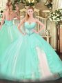 Modest Sweetheart Sleeveless Tulle Sweet 16 Dresses Beading and Ruffles Lace Up