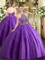 Floor Length Lace Up Sweet 16 Dresses Purple for Military Ball and Sweet 16 and Quinceanera with Beading and Appliques