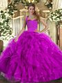 Customized Sleeveless Floor Length Ruffles Lace Up Sweet 16 Quinceanera Dress with Fuchsia