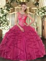 Hot Pink Sweet 16 Dress Sweet 16 and Quinceanera with Beading and Ruffles Scoop Sleeveless Lace Up