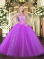 Luxury Purple Ball Gowns Tulle Halter Top Sleeveless Sequins Floor Length Lace Up Vestidos de Quinceanera