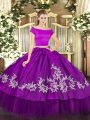 Short Sleeves Organza and Taffeta Floor Length Zipper Quinceanera Dresses in Purple with Embroidery