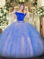 Sophisticated Blue And White Short Sleeves Floor Length Appliques and Ruffles Zipper Sweet 16 Dress