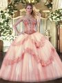 Baby Pink Ball Gowns Beading and Appliques Quinceanera Gown Lace Up Tulle Sleeveless