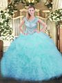 Delicate Organza Scoop Sleeveless Lace Up Beading and Ruffles and Pick Ups Quinceanera Dress in Aqua Blue