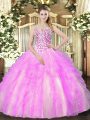 Gorgeous Lilac Lace Up Quinceanera Dresses Beading and Ruffles Sleeveless Floor Length