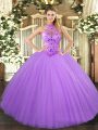 Romantic Sleeveless Floor Length Beading and Embroidery Lace Up Sweet 16 Quinceanera Dress with Lavender
