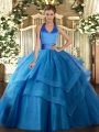 Best Floor Length Lace Up Quinceanera Gown Blue for Military Ball and Sweet 16 and Quinceanera with Ruffled Layers