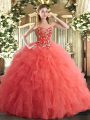 Floor Length Watermelon Red Quinceanera Gown Tulle Sleeveless Embroidery and Ruffles