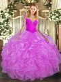 Long Sleeves Floor Length Lace and Ruffles Lace Up 15 Quinceanera Dress with Lilac