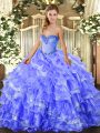 Blue Organza Lace Up Sweetheart Sleeveless Floor Length Sweet 16 Dresses Beading and Ruffled Layers