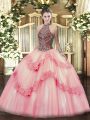 Romantic Halter Top Sleeveless Sweet 16 Dress Floor Length Beading and Appliques Pink Tulle