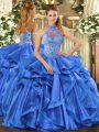 Amazing Lace Up Sweet 16 Dresses Blue for Sweet 16 and Quinceanera with Beading and Embroidery and Ruffles
