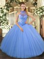 Baby Blue Halter Top Lace Up Beading and Embroidery Quinceanera Dress Sleeveless