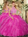 Hot Pink Sleeveless Tulle Criss Cross Quinceanera Gown for Military Ball and Sweet 16 and Quinceanera