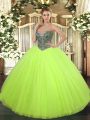 Custom Design Sleeveless Tulle Floor Length Lace Up 15th Birthday Dress in Yellow Green with Beading