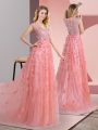 Glittering Zipper Pink for Prom and Party with Beading and Appliques Sweep Train