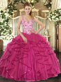 Lovely Floor Length Lace Up Quince Ball Gowns Hot Pink for Sweet 16 and Quinceanera with Beading and Appliques and Ruffles
