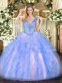 Exceptional Light Blue V-neck Lace Up Beading and Ruffles Sweet 16 Dresses Sleeveless