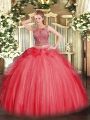 Attractive Coral Red Lace Up Scoop Beading and Ruffles Quinceanera Dress Tulle Sleeveless
