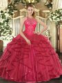 Pretty Sleeveless Organza Floor Length Lace Up Vestidos de Quinceanera in Coral Red with Beading and Ruffles
