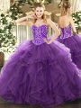 Gorgeous Eggplant Purple Ball Gowns Sweetheart Sleeveless Tulle Floor Length Lace Up Beading and Ruffles Sweet 16 Quinceanera Dress