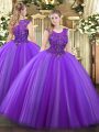 Pretty Eggplant Purple Ball Gowns Tulle Scoop Sleeveless Beading Floor Length Zipper Quince Ball Gowns