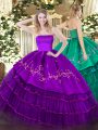 Glittering Purple Strapless Neckline Embroidery and Ruffled Layers Sweet 16 Dress Sleeveless Zipper